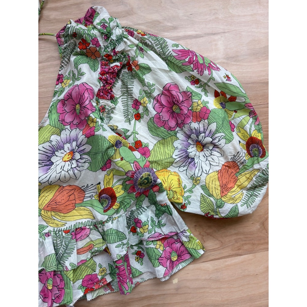Love The Label Floral Puff Sleeve Ruffle Top V-Neck Cotton Womens L Bohemian - Picture 2 of 8